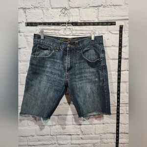 Lions Crest by English Laundry men's jean shorts with distressed, frayed hem.